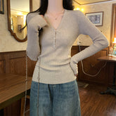 Waist-tight Slimming V-neckline Long-sleeved Women's Temperament Commute Pure Sweater - kinko